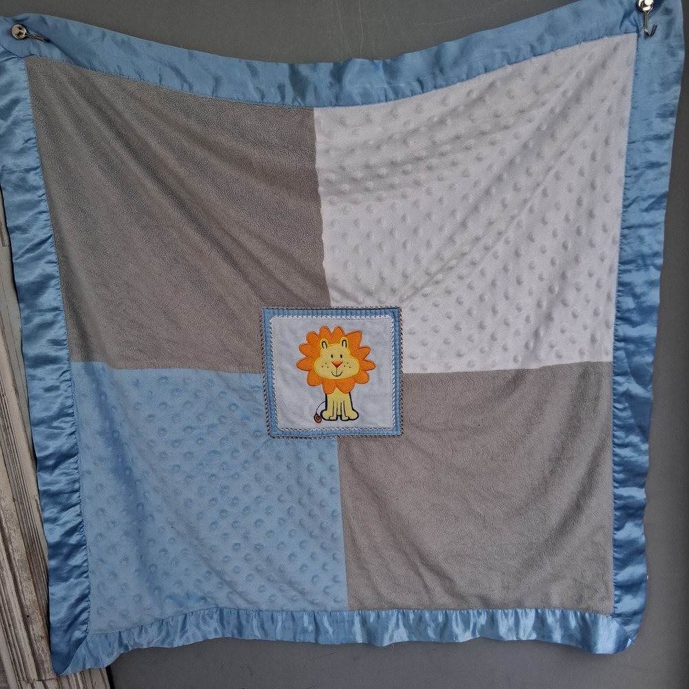 Vtg Y2K Blue Grey Patchwork Lion Baby Security Blanket Dot Satin Trim Lovey